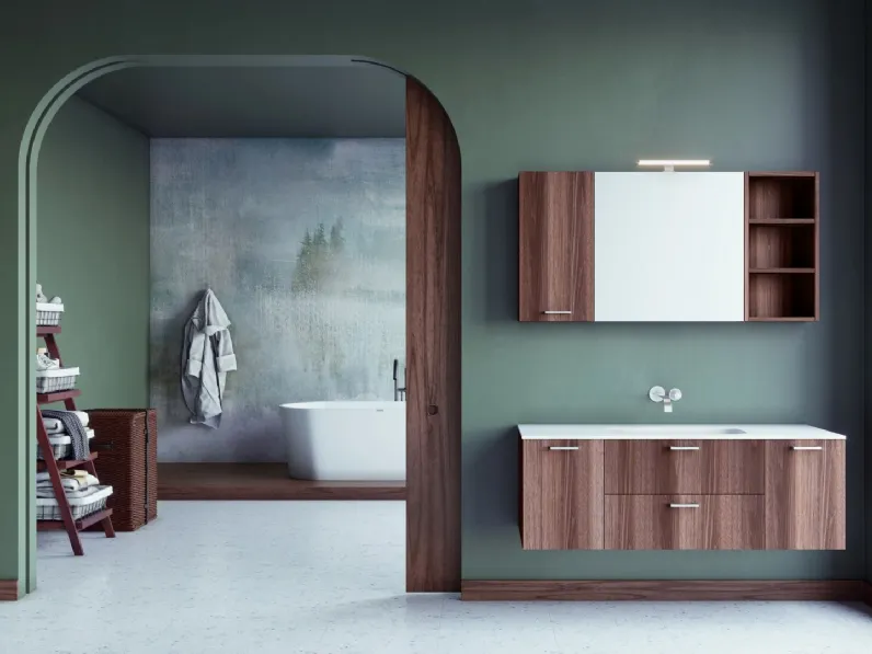 Mobile da Bagno sospeso Volo 04 in melaminico Noce Carnia e top integrato in teknoresina di Arredoquattro
