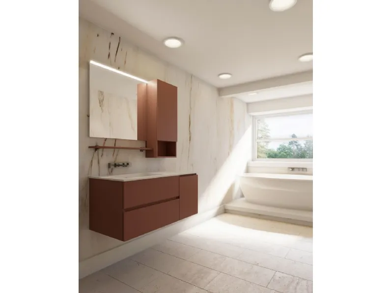 Mobile da Bagno sospeso Volo 09 in laccato opaco corteccia e top integrato in mineralux di Arredoquattro