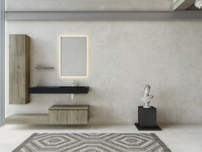 Mobile da Bagno sospeso Volo 12 in melaminico Rovere Canadian e top in HPL Pietra Nera di Arredoquattro