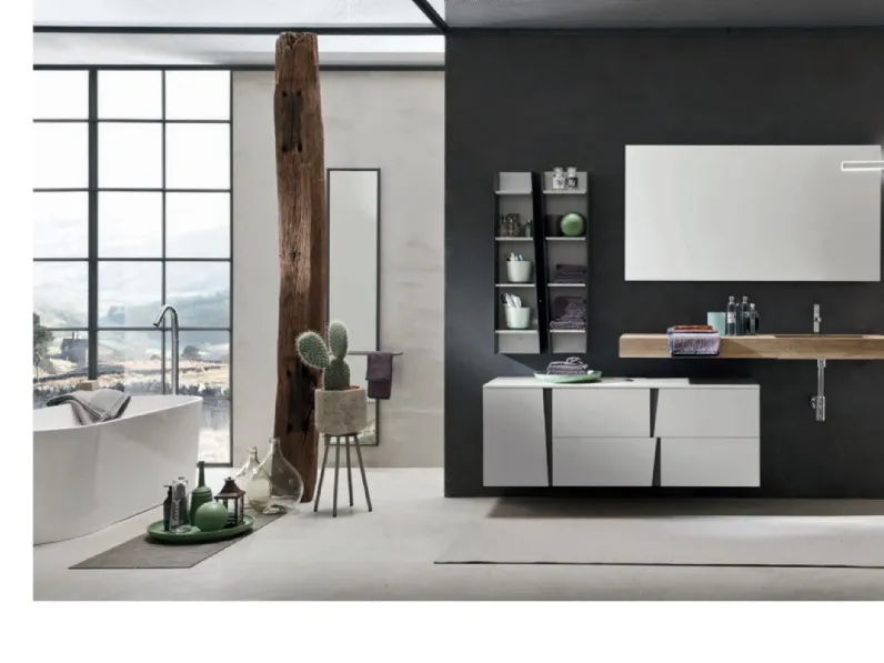 Mobile da Bagno sospeso in laccato Nebbia opaco con top integrato in HPL effetto legno Wector 01 di Ardeco