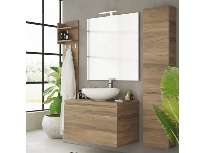 Mobile da Bagno sospeso in melaminico effetto legno Noce Canaletto Woodal Comp 04 di Maxbagni