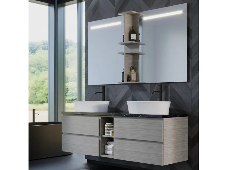 Mobile da Bagno sospeso in melaminico effetto legno con top in quarzo Woodal Comp 07 di Maxbagni