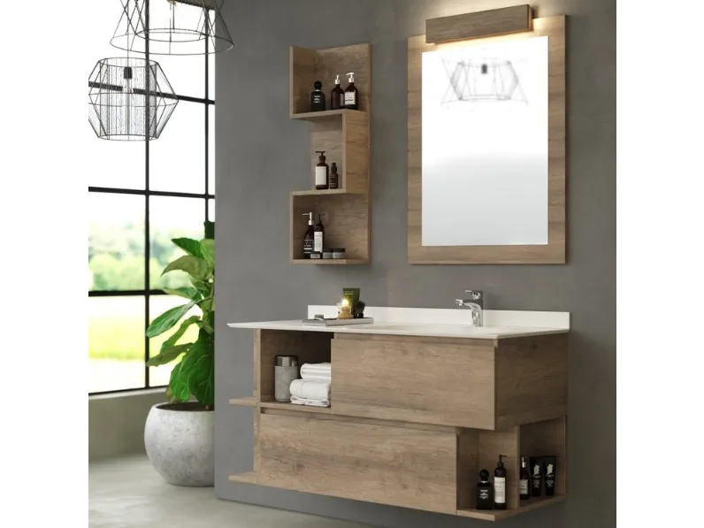 Mobile da Bagno sospeso in melaminico effetto legno con top e alzatina in Cristalplant bianco opaco Woodal Comp 08 di Maxbagni