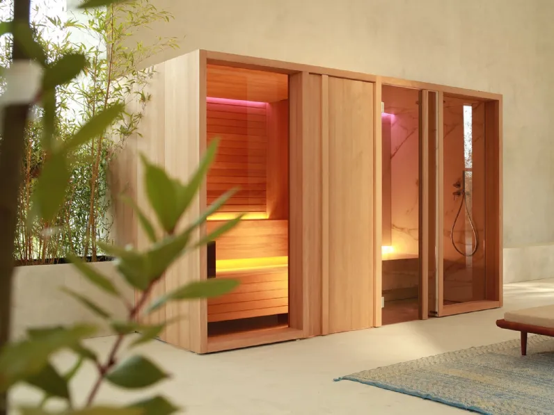 Sauna, Hammam e Doccia sistema integrato in legno, vetro e gres porcellanato Yoku SH di Effegibi