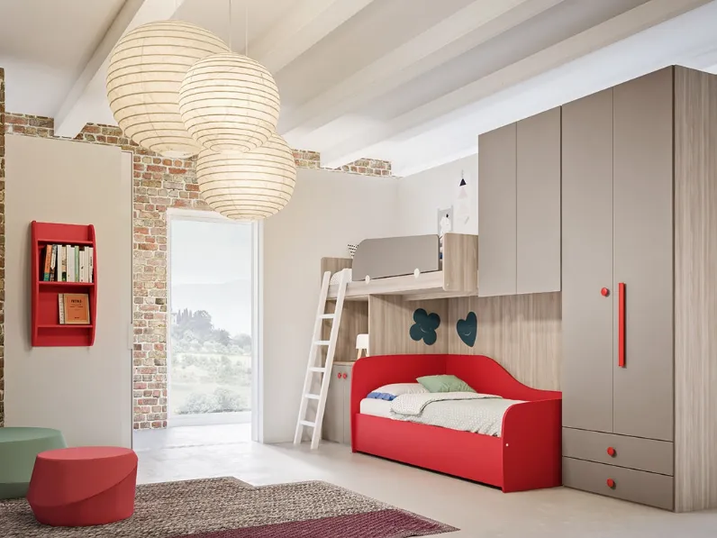 Cameretta a soppalco in melaminico olmo, cacao e rosso Mya Comp 09A di Mab