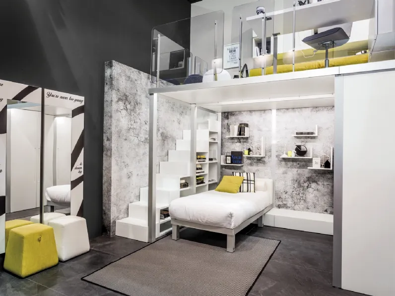 Cameretta in laccato bianco con soppalco e due letti singoli Comp 301 di Tumidei