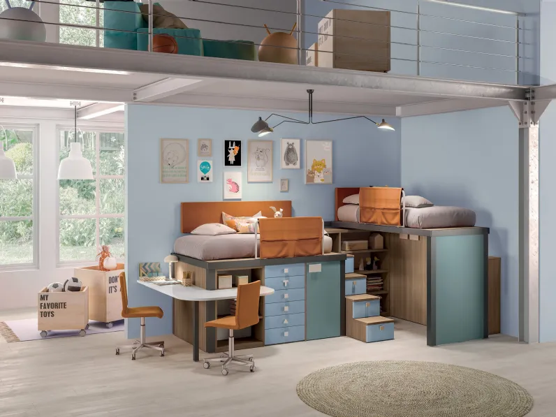 Cameretta in laccato con due letti a soppalco Comp 318 di Tumidei