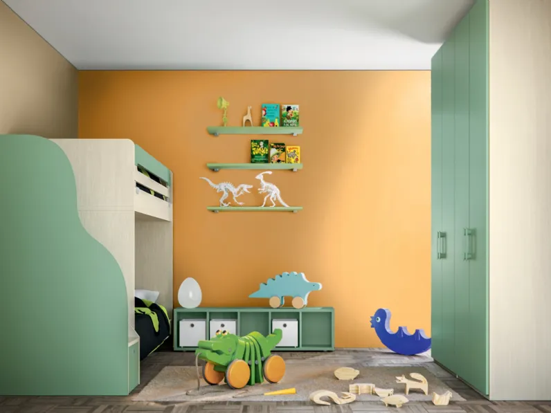 Cameretta con letti a castello Composizione 154 finitura Rovere panna e Menta di Furlan