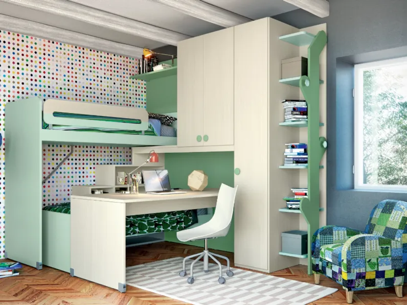 Cameretta a soppalco con due letti scorrevoli e scrivania scorrevole Composizione 167 di Furlan