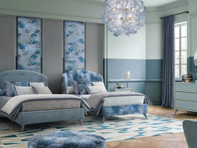 Cameretta componibile Contemporary Glamour 08C in laccato opaco con due letti in tessuto di Halley 