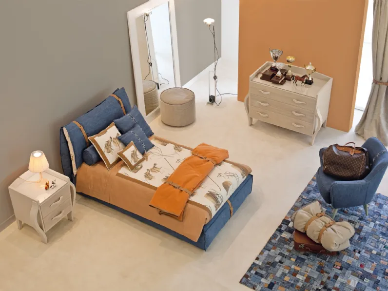 Cameretta componibile Contemporary Boy 49C in laccato e melaminico con letto in tessuto imbottito di Halley 