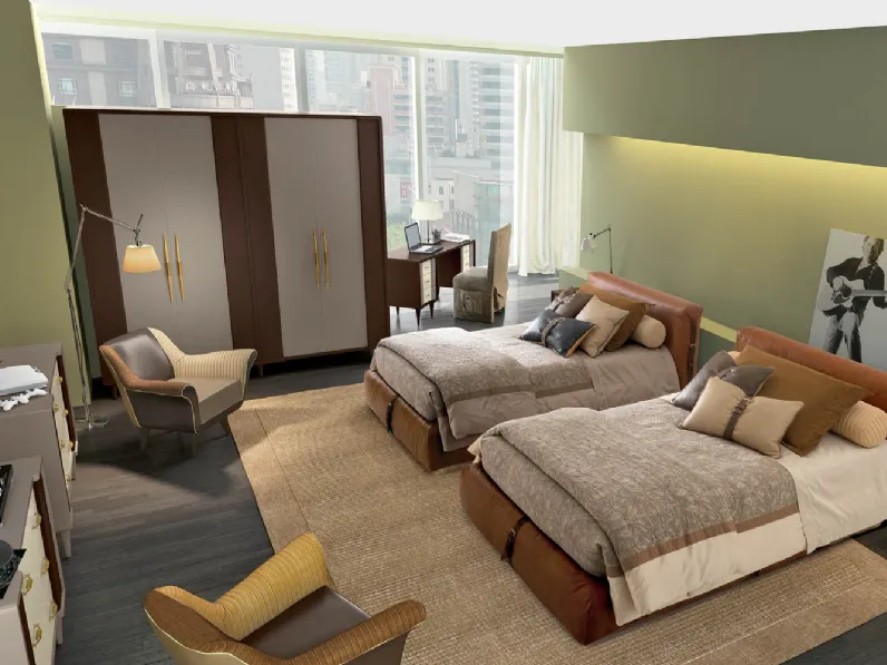 Cameretta Contemporary J Collection 25C in laccato opaco con due letti imbottiti di Halley 