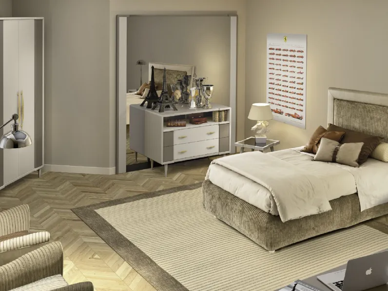 Cameretta Contemporary J Collection 27C in laccato opaco con letto in velluto imbottito con testiera di Halley 