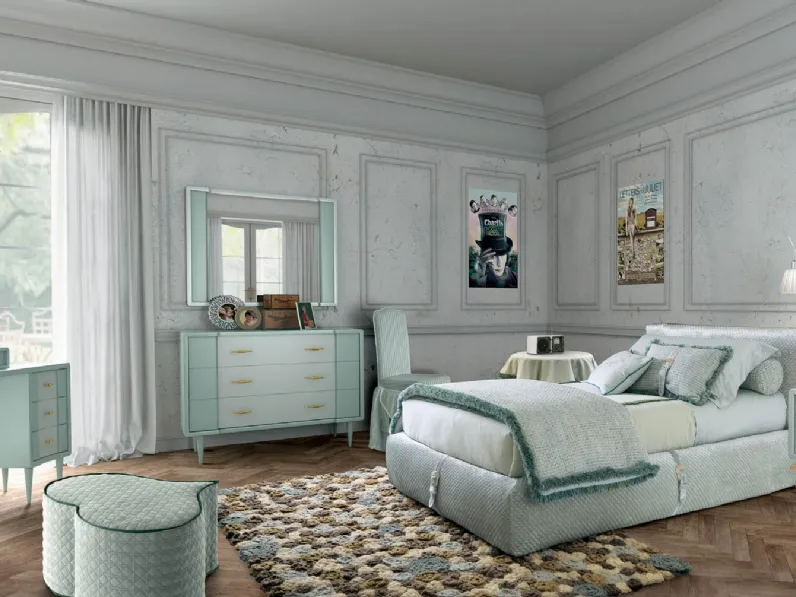 Cameretta Contemporary J Collection 30C in laccato opaco con letto in tessuto imbottito e trapuntato di Halley 