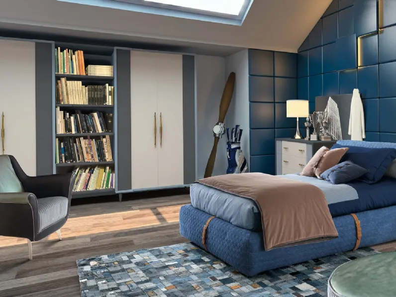 Cameretta Contemporary J Collection 31C in laccato opaco con letto in tessuto imbottito e trapuntato di Halley 