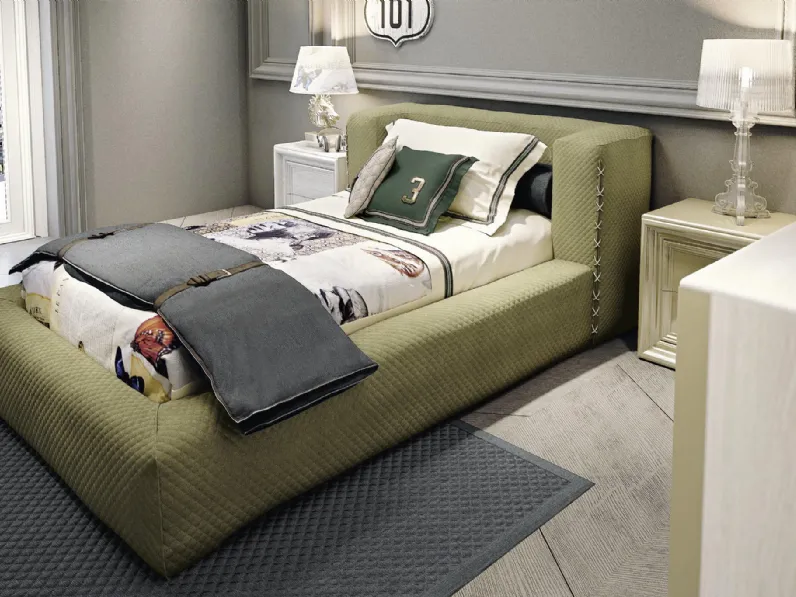 Cameretta componibile Contemporary Lovelove 40C in laccato e melaminico con letto in velluto imbottito e trapuntato di Halley 