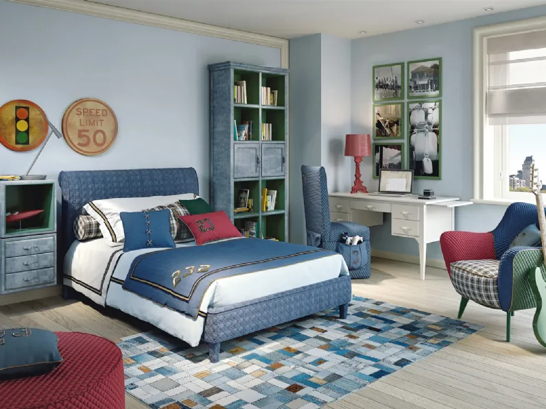 Cameretta componibile Contemporary Lovelove 44C in laccato con scrivania e letto in tessuto imbottito di Halley 