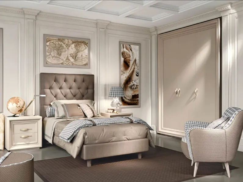 Cameretta Contemporary Lovelove 46C in laccato opaco con letto in tessuto con testiera trapuntata di Halley 