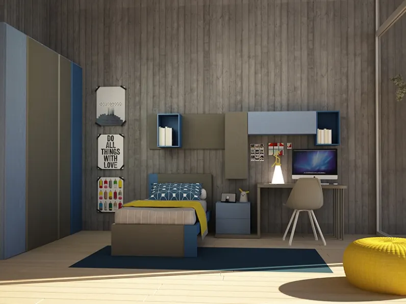 Cameretta Cool Composizione 06 in legno laccato a poro aperto Blu, Navy e Caldomedio di Granzotto