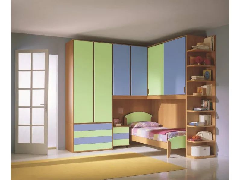 Cameretta a ponte con armadio e libreria in laccato e legno Emme Legno 04 di Marzorati