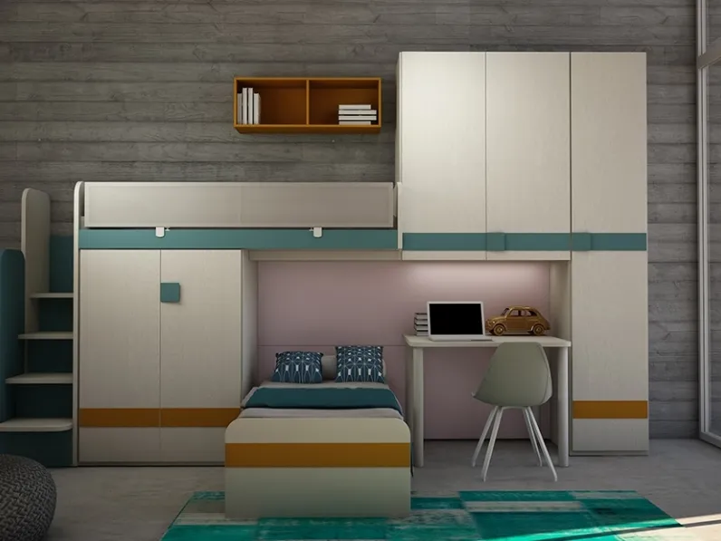 Cameretta a soppalco Cool Composizione 18 in frassino Avorio e laccato opaco di Granzotto