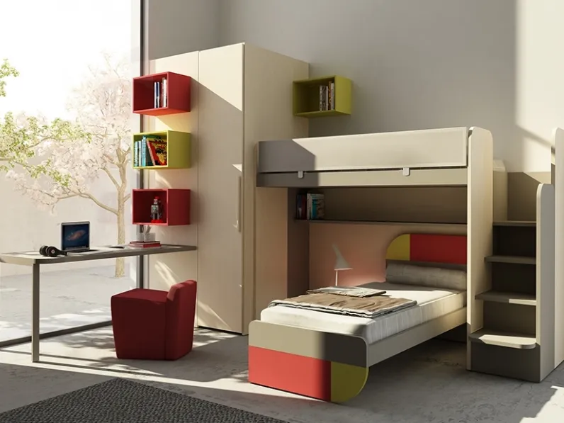 Cameretta Warm con letti a castello Composizione 16 in legno laccato a poro aperto di Granzotto