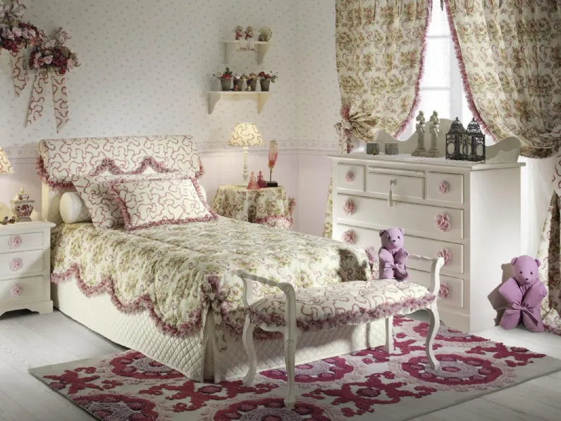 Cameretta Romantic Junior 24R in laccato Bianco opaco con maniglie Rosa a forma di fiore di Halley 