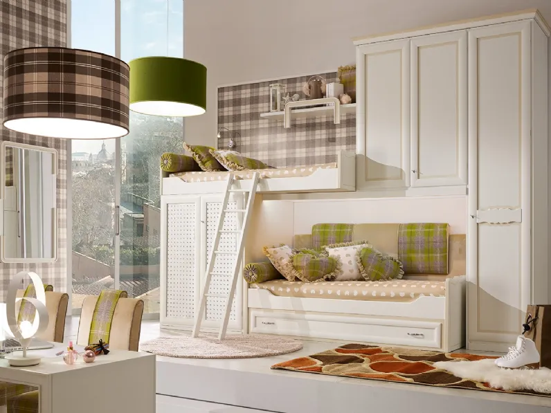 Cameretta a soppalco Happy Night 506 finitura laccato Bianco Antico con sovracolore Corda di Ferretti e Ferretti