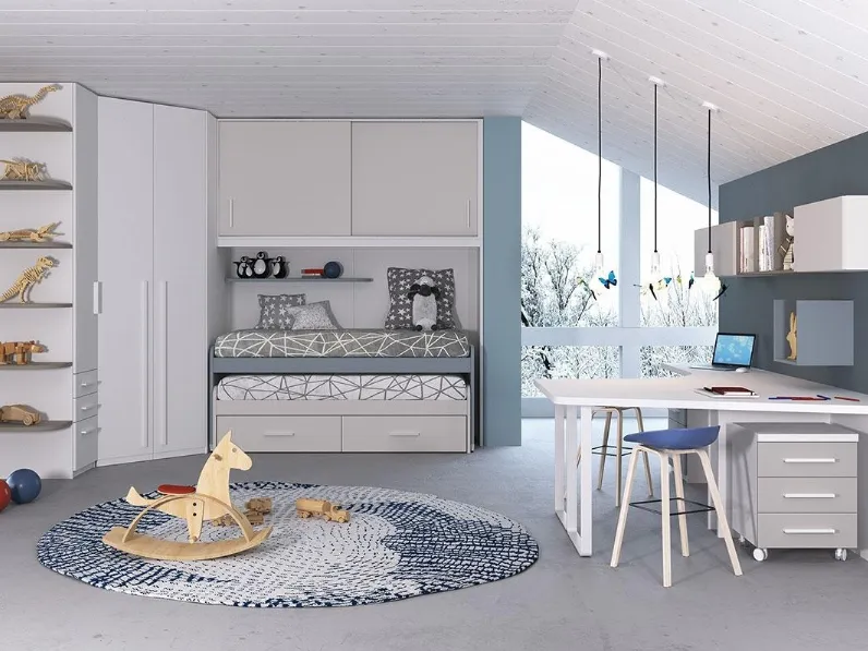 Cameretta salvaspazio a ponte con secondo letto estraibile dotato di cassettoni Tommaso e Mattia di Imamobili