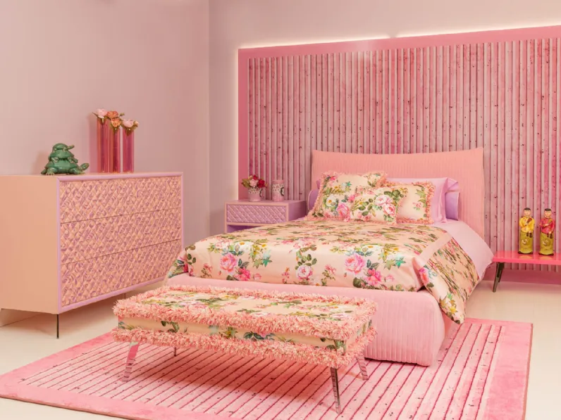 Cameretta Innovation Marlena Dreams 14MD in laccato opaco con letto in velluto rosa imbottito di Halley 
