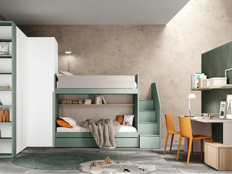 Cameretta in melaminico con letto a castello e terzo letto estraibile Kids 02 di Foresi Mobili