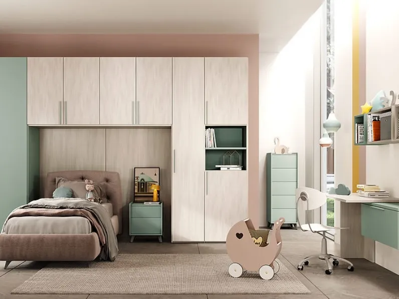 Cameretta a ponte Kids 05 in melaminico olmo sabbia e acqua di Foresi Mobili