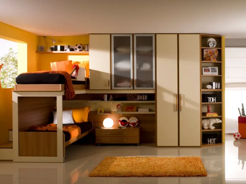 Cameretta in legno, laccato e vetro con letti a castello Life System 14 di Marzorati