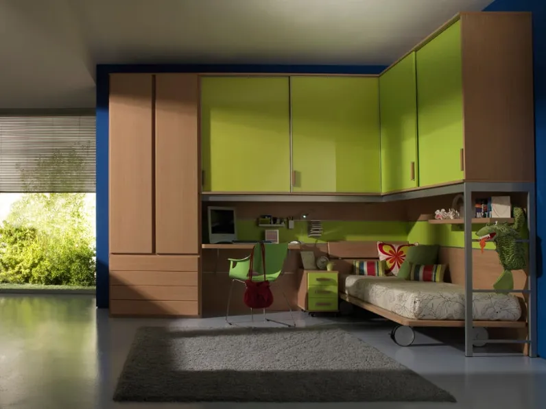 Cameretta a ponte in legno e laccato opaco verde mela Life System 17 di Marzorati