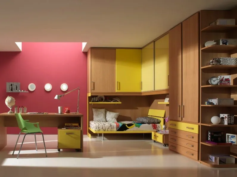 Cameretta a ponte in legno e laccato opaco con scrivania Life System 18 di Marzorati