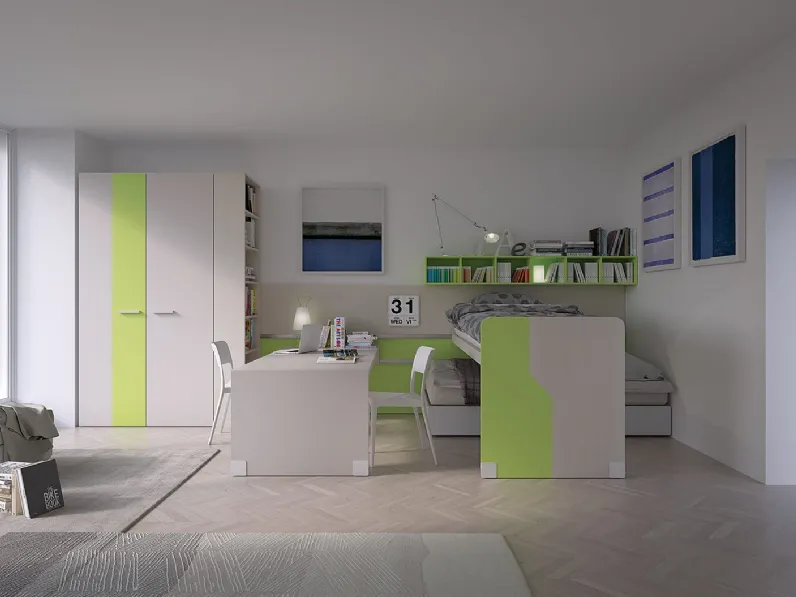 Cameretta salvaspazio in laccato opaco a due colori con due letti Playwood 08 di Marzorati
