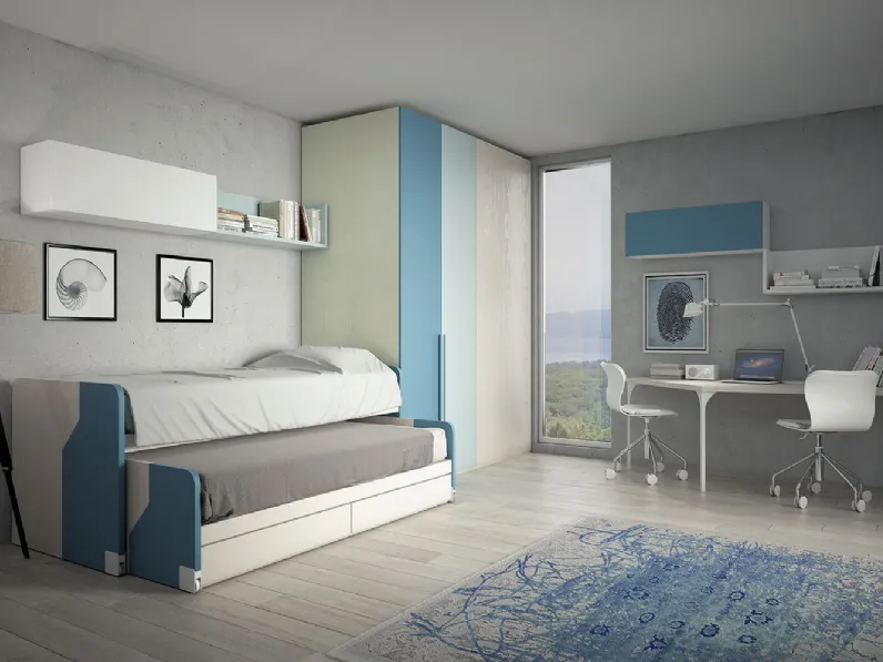 Cameretta in laccato a colori vari con 2 letti di cui uno estraibile e scrivania Playwood 10 di Marzorati