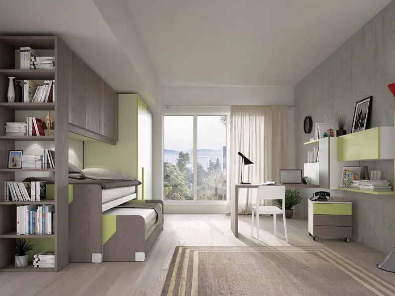 Cameretta a ponte con due letti e scrivania a penisola Playwood 11 di Marzorati