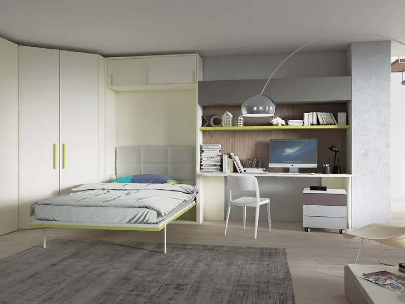 Cameretta su misura salvaspazio con letto a scomparsa, libreria, scrivania e cabina armadio ad angolo Playwood 16 di Marzorati
