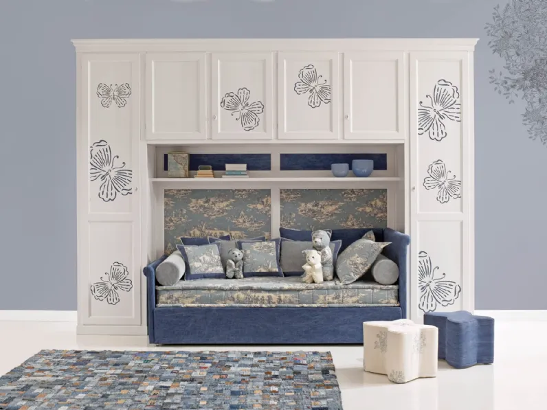 Cameretta a ponte in laccato opaco Bianco con farfalle Blu Romantic Boy 20R con divano letto di Halley 