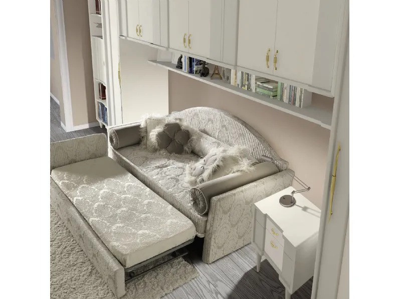 Cameretta a ponte in laccato opaco Romantic J Collection 14R con divano letto e secondo letto estraibile di Halley 