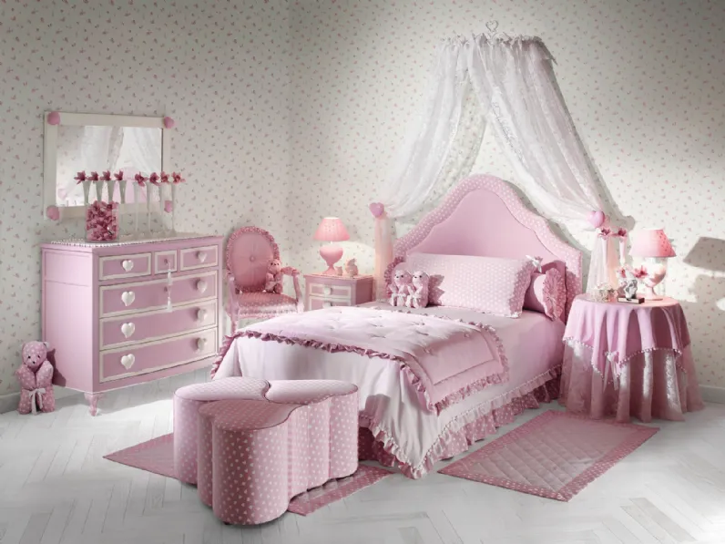 Cameretta componibile Romantic Junior 21R in laccato opaco Rosa con maniglie a cuore di Halley 