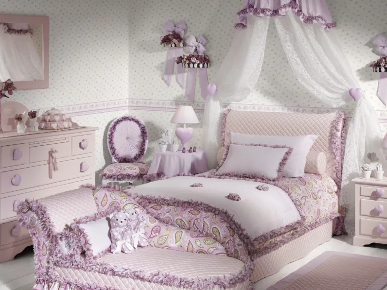 Cameretta Romantic Junior 23R in laccato Rosa opaco con maniglie a cuore di Halley 