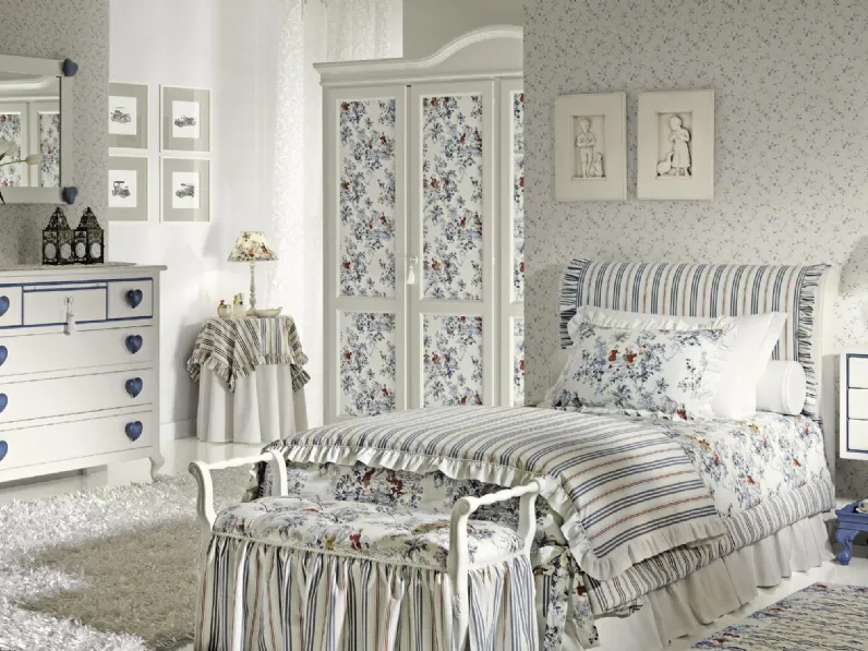 Cameretta Romantic Junior 27R in laccato Bianco opaco e tessuto floreale con maniglie Blu a cuore di Halley 