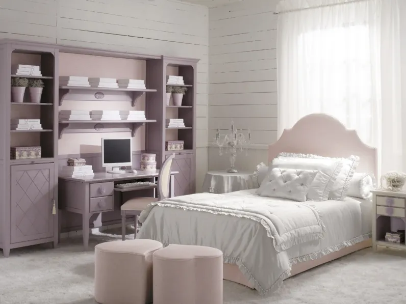 Cameretta Romantic Junior 31R in laccato opaco con angolo studio di Halley 