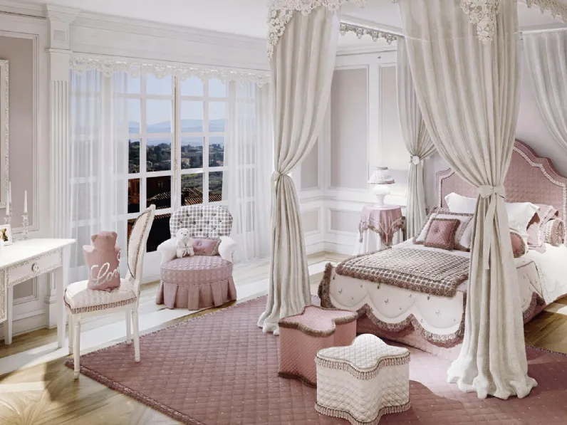 Cameretta componibile con scrivania Romantic Lovelove in laccato opaco e letto a baldacchino 09R di Halley 