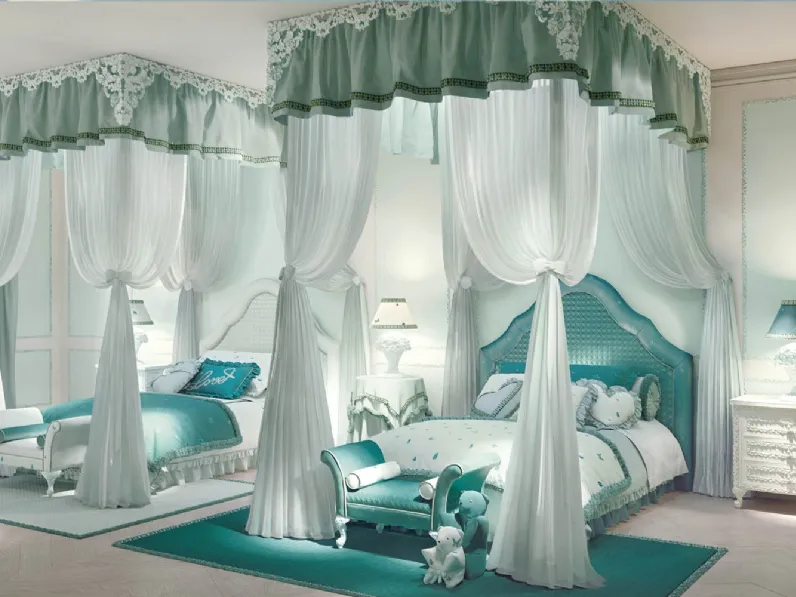 Cameretta Romantic Lovelove 04R in laccato Bianco opaco con decori in bassorilievo e due letti a baldacchino di Halley 