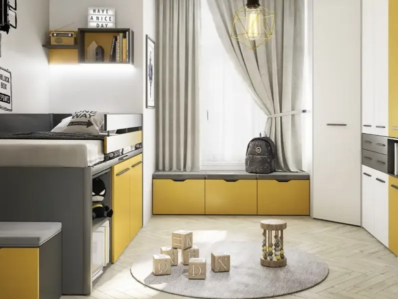 Cameretta salvaspazio Room 03 con letto rialzato e moduli e scrivania estraibili di Bloom