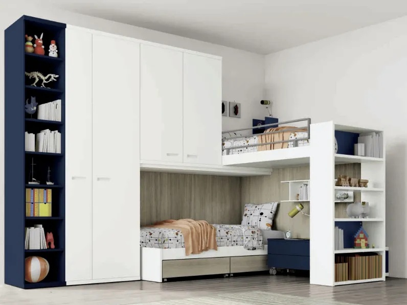 Cameretta a soppalco Space 022 in laccato opaco e melaminico di Spagnol Mobili