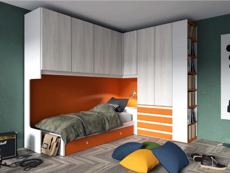 Cameretta a ponte Teen T02 in melaminico e laccato di Marka di Total Living